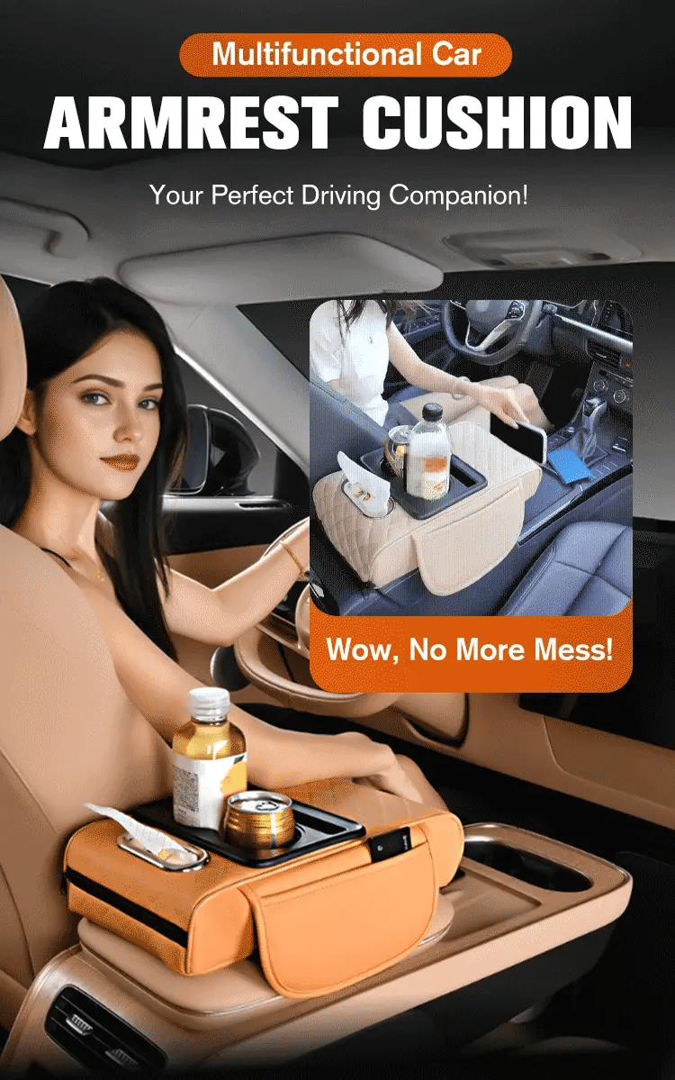 Multi-Function Car Armrest Cushion with Built-In Cup Holder & Tissue Box Organizer