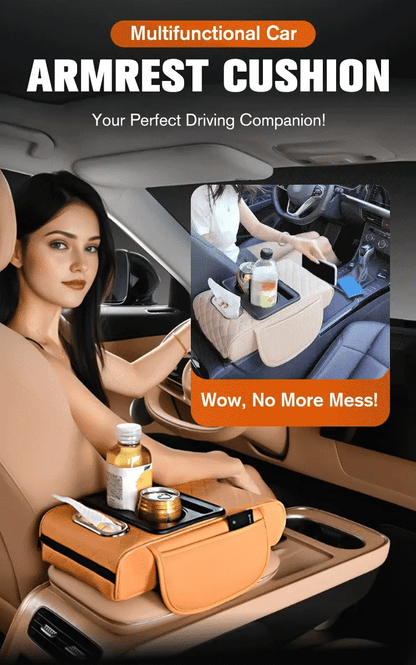 Multi-Function Car Armrest Cushion with Built-In Cup Holder & Tissue Box Organizer