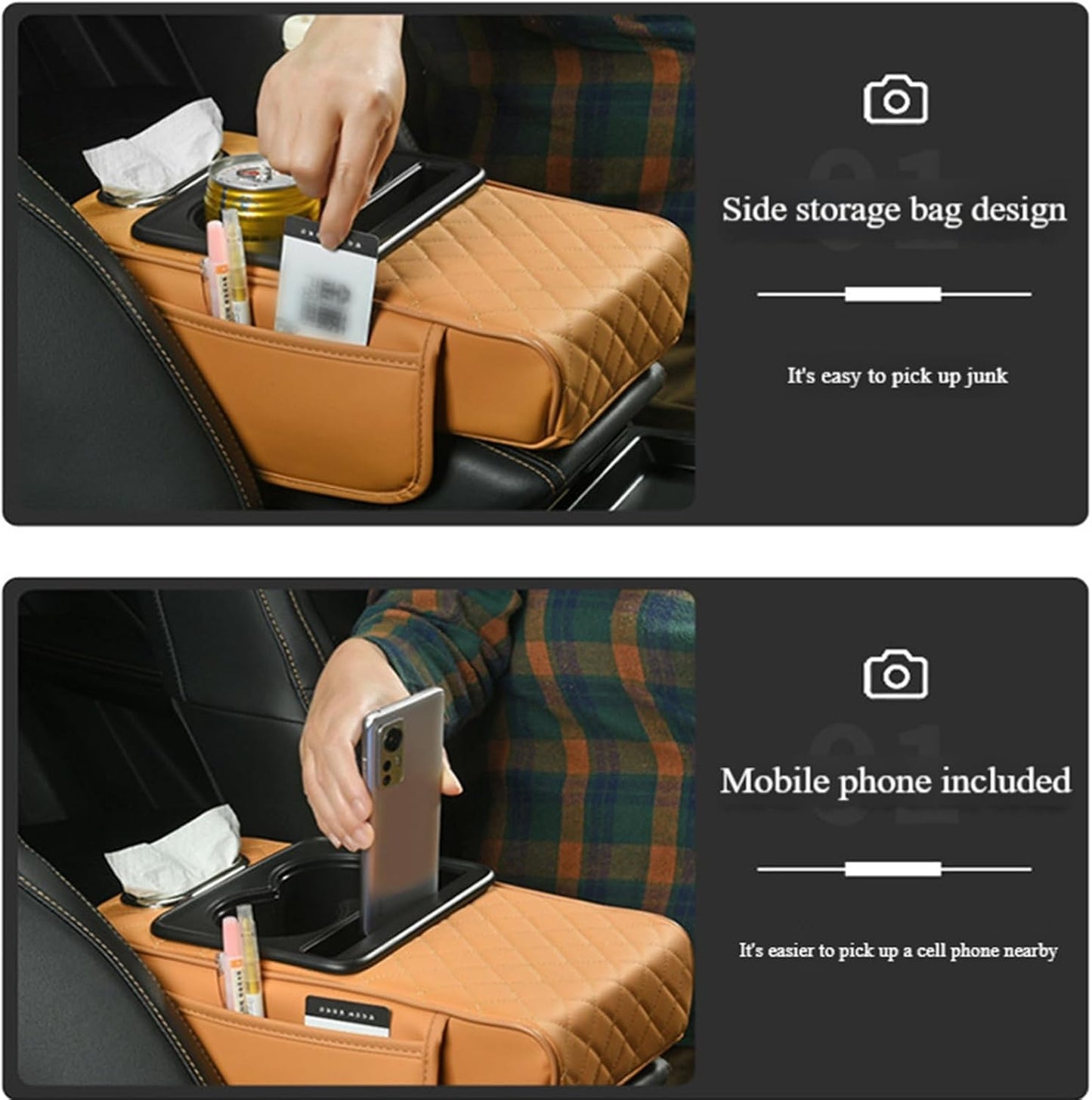 Multi-Function Car Armrest Cushion with Built-In Cup Holder & Tissue Box Organizer
