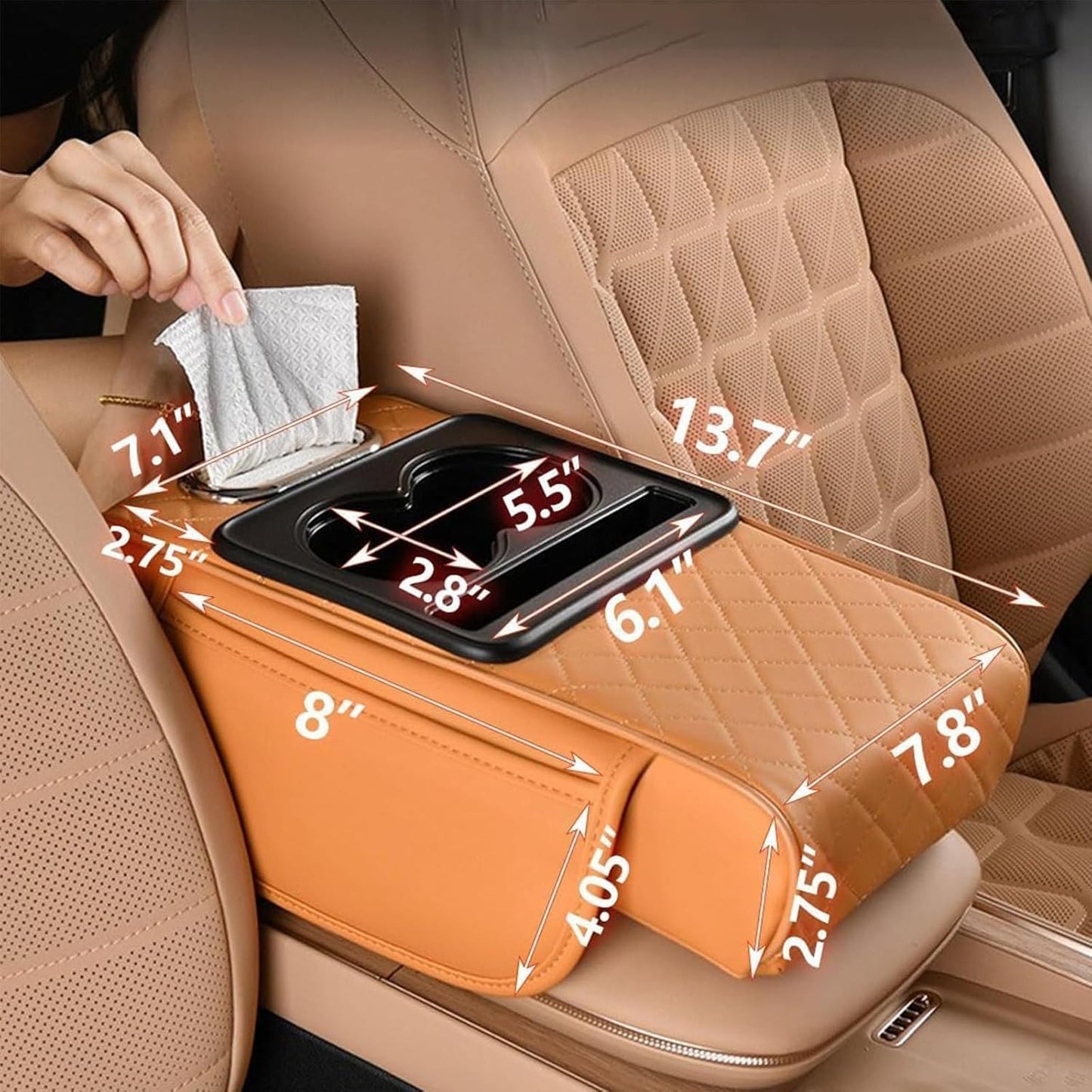 Multi-Function Car Armrest Cushion with Built-In Cup Holder & Tissue Box Organizer