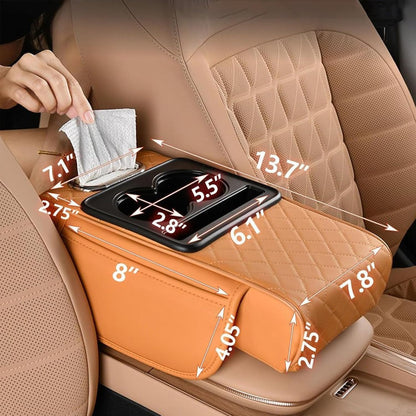 Multi-Function Car Armrest Cushion with Built-In Cup Holder & Tissue Box Organizer