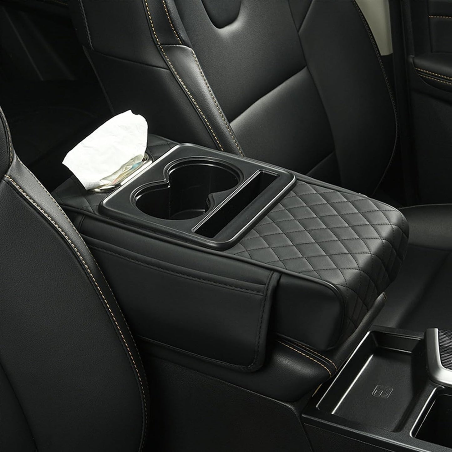 Multi-Function Car Armrest Cushion with Built-In Cup Holder & Tissue Box Organizer