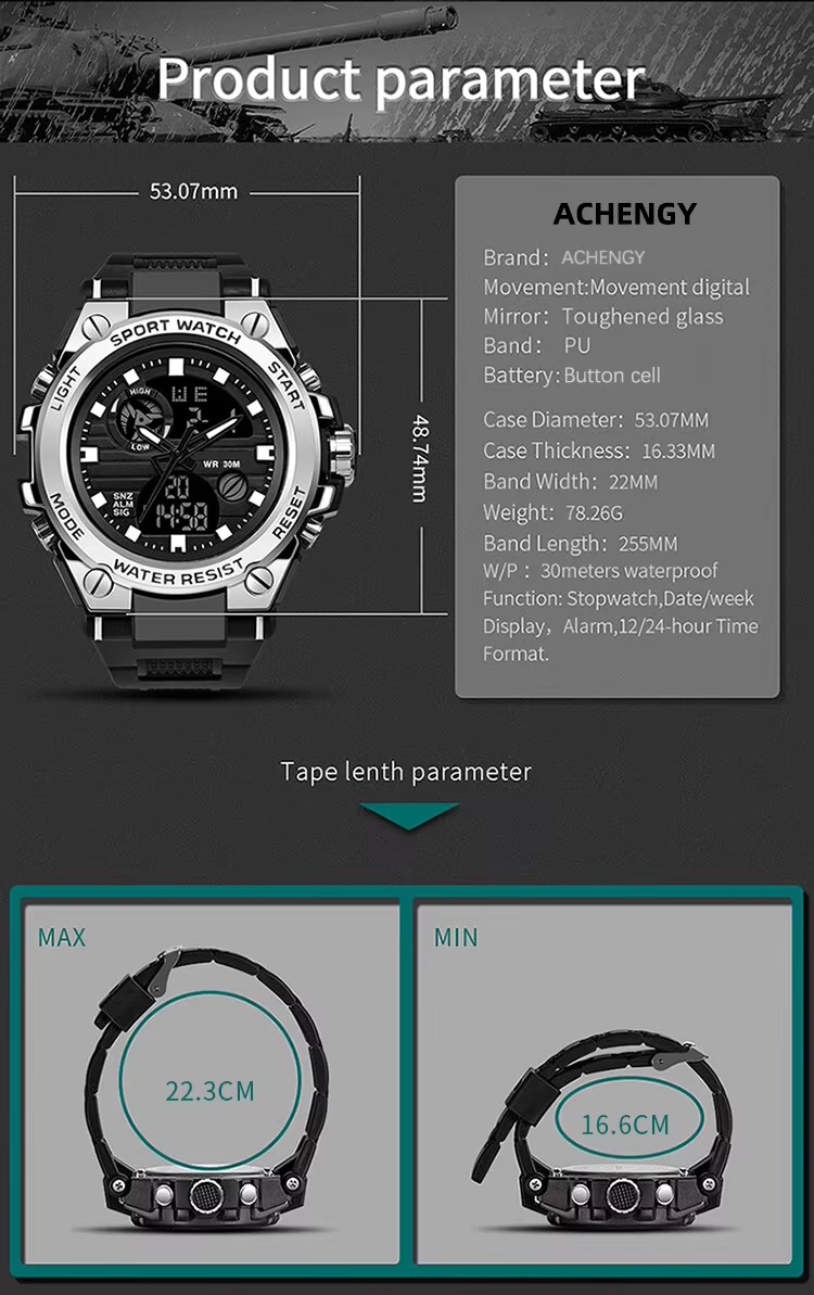 Men's Digital Military Sports Watch – 30M Waterproof
