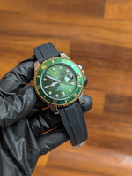 Green Luxury Dive Watch – Gold Bezel & Black Rubber Strap