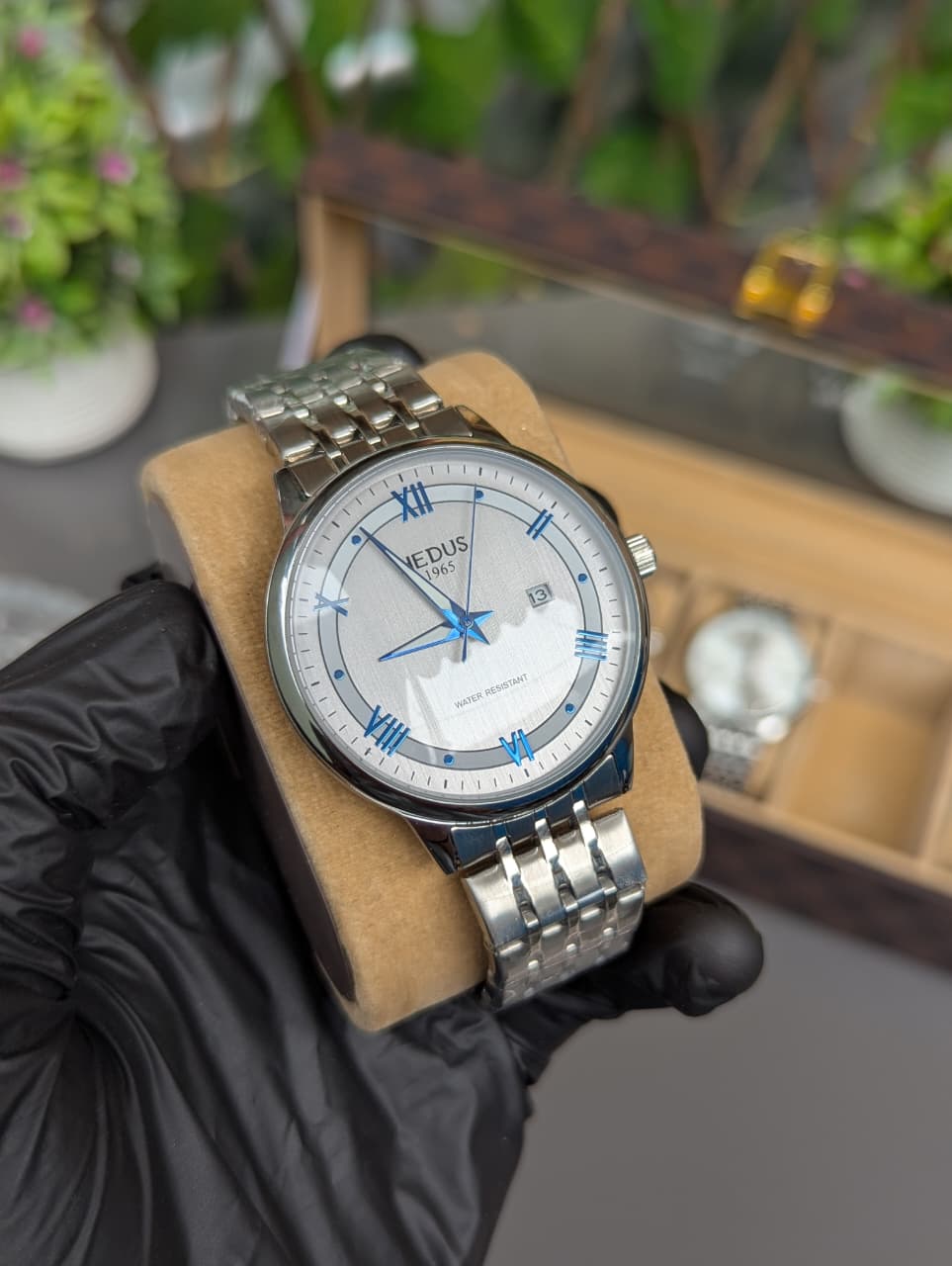 HEDUS Brand Stainless Steel  Waterproof Watch with Skeleton Back & Day-Date Display