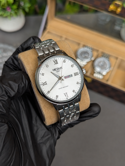HEDUS Brand Stainless Steel  Waterproof Watch with Skeleton Back & Day-Date Display