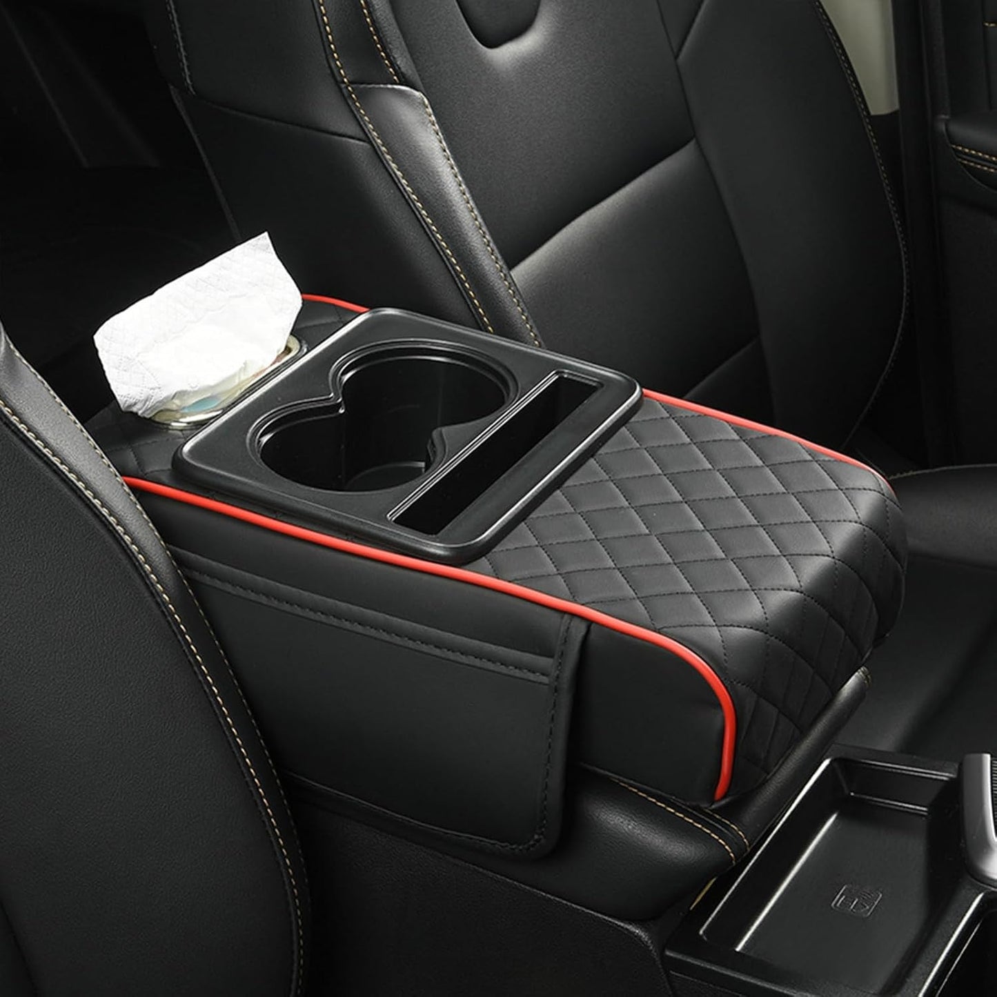 Multi-Function Car Armrest Cushion with Built-In Cup Holder & Tissue Box Organizer