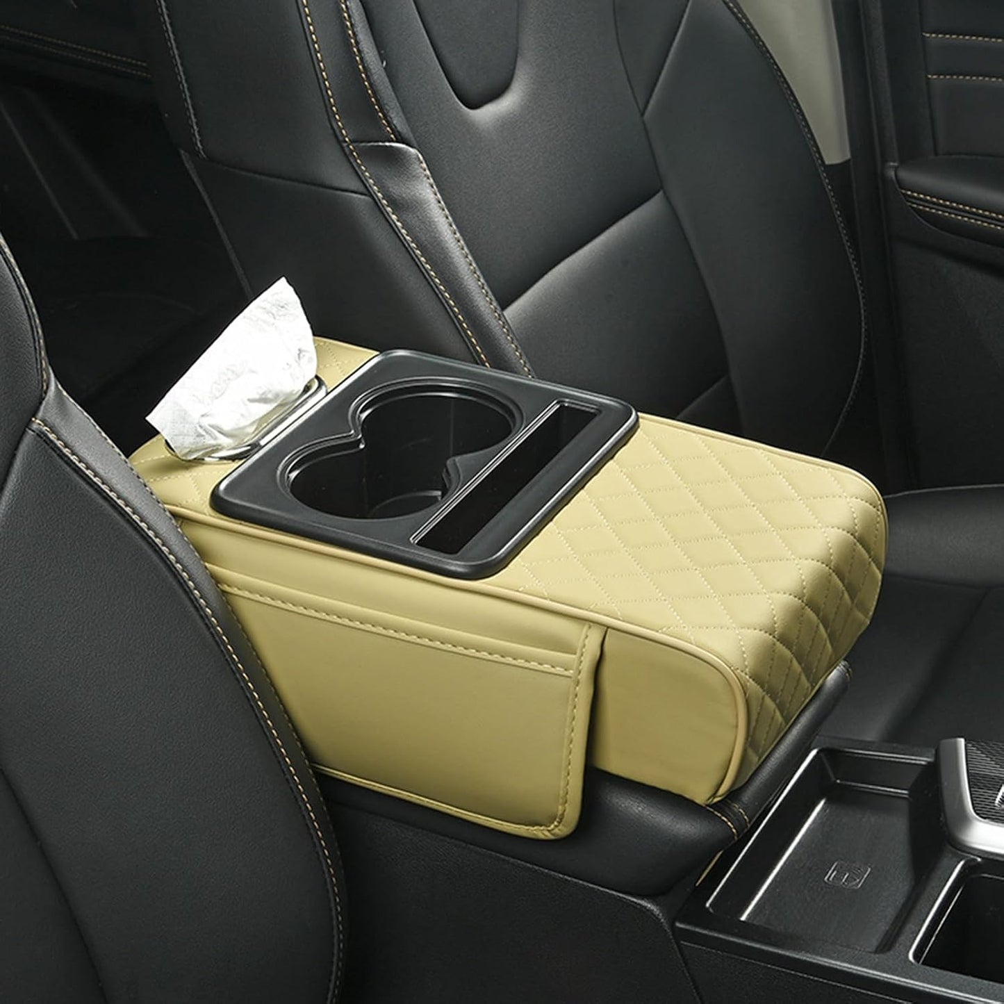 Multi-Function Car Armrest Cushion with Built-In Cup Holder & Tissue Box Organizer