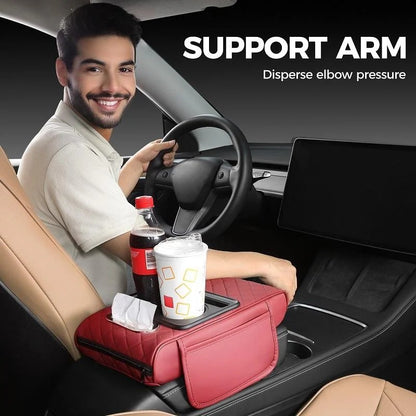 Multi-Function Car Armrest Cushion with Built-In Cup Holder & Tissue Box Organizer