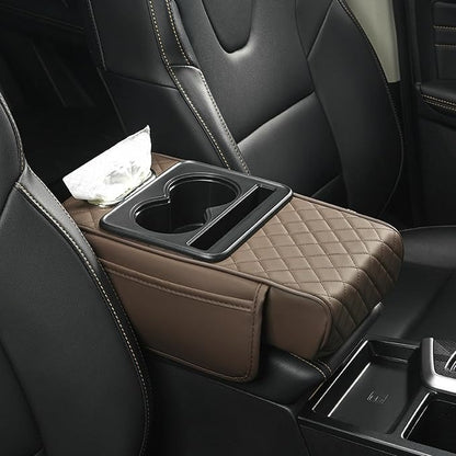 Multi-Function Car Armrest Cushion with Built-In Cup Holder & Tissue Box Organizer
