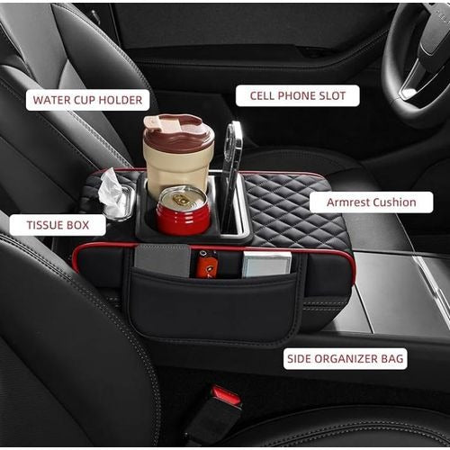 Multi-Function Car Armrest Cushion with Built-In Cup Holder & Tissue Box Organizer