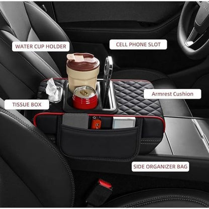 Multi-Function Car Armrest Cushion with Built-In Cup Holder & Tissue Box Organizer