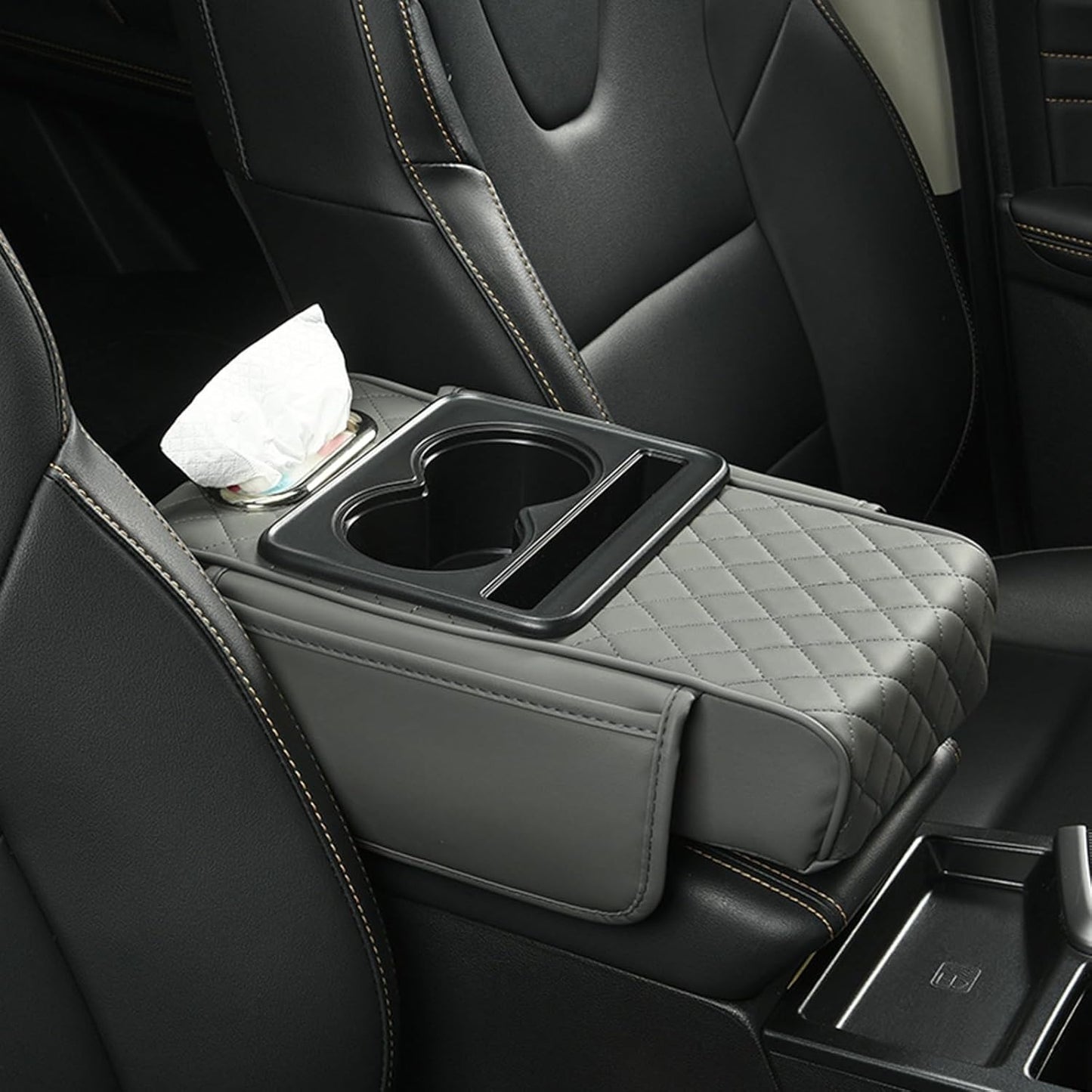 Multi-Function Car Armrest Cushion with Built-In Cup Holder & Tissue Box Organizer