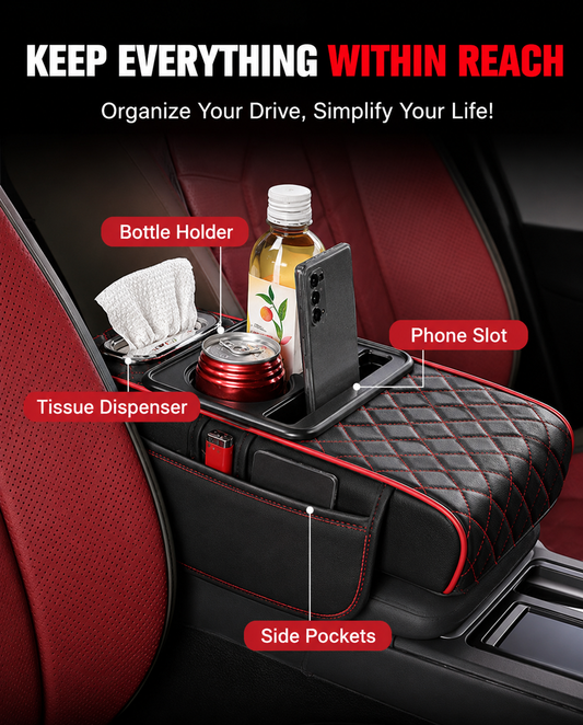 Car Armrest Cushion — Cup Holder, Phone Slot & Soft Arm Support